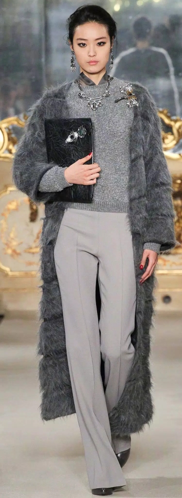 Light grey pants with long grey oversized knitted mohair coat by