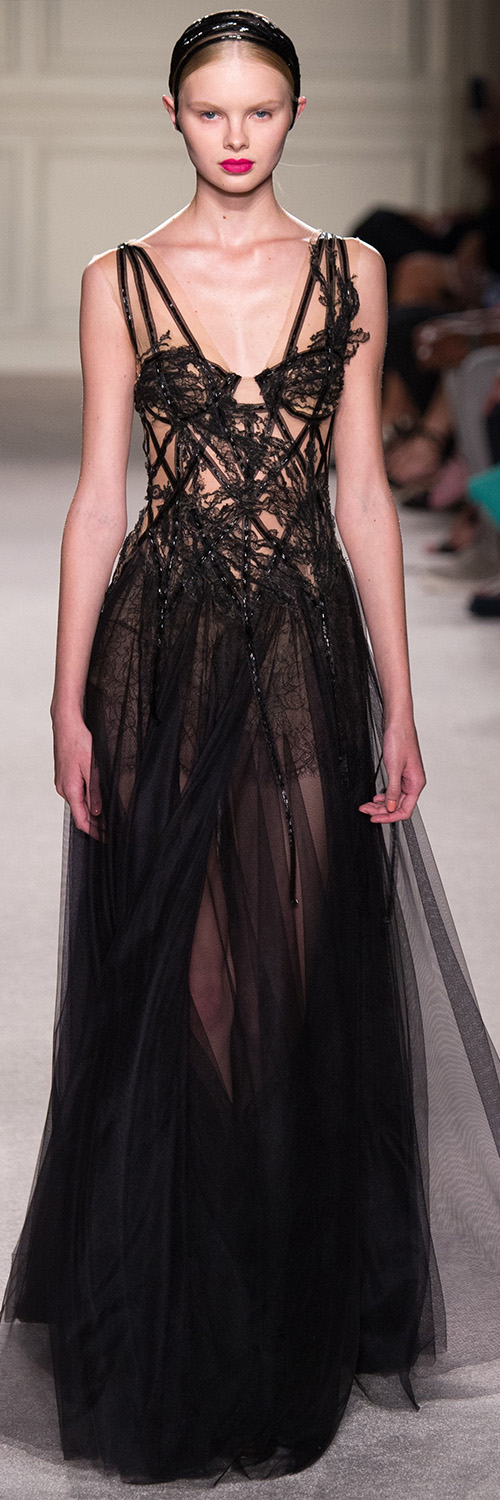 Boudoir-inspired black and nude lace corset gown by Marchesa