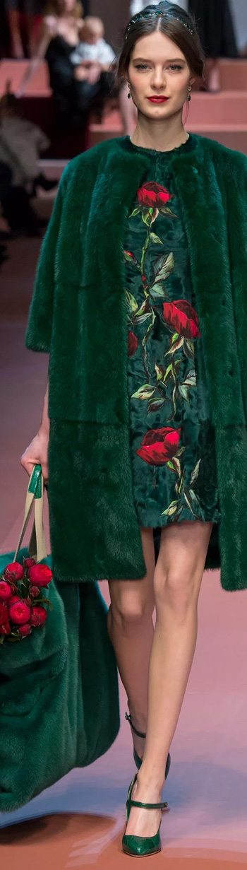 Dolce & Gabbana FW 2015 RTW – Dark green silk dress with roses embridery  and green trimmed mink fur coat | Glamorous Luxury Passion